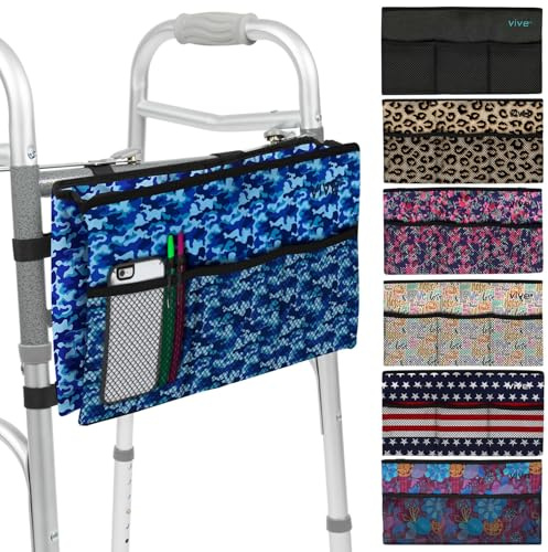 Vive Walker Bag - Water Resistant Accessory Basket Provides Hands Free Storage for Folding Walkers - Attachment Fits Wide (Blue Camo)