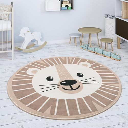 Paco Home Kinderteppich Teppich Rund Kinderzimmer Spielmatte rutschfest Modern Löwen Motiv Beige Weiß, Grösse:80 cm Rund
