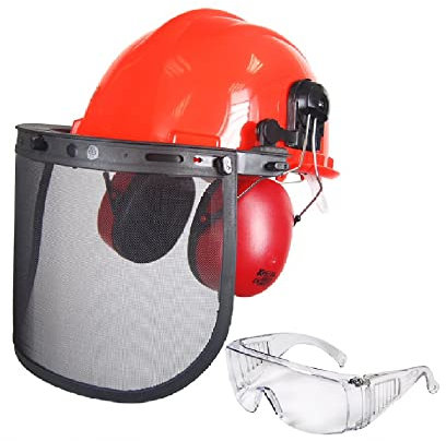 OZAKI - Professioneller Forsthelm - Für Forst- und Freischneiderarbeiten - Mit Schutzhelm, 25 dB Gehörschutz, Gitter-Schutzvisier Klasse F 45 m/s, Schutzbrille
