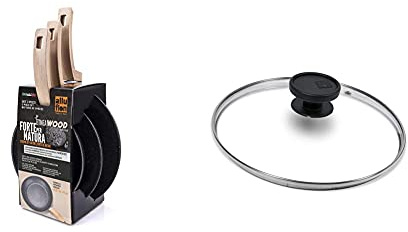 ALLUFLON Etnea Wood Edition Set Da 3 Padelle, Alluminio, Nero, 20-24 - 28 Cm & Coperchio Vetro Bordo Inox, 28 Cm