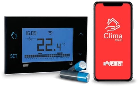 VEMER VE788700 TUO WiFi BATERÍA - Termostato Calefacción WiFi Inteligente, Control Remoto Desde Smartphone por App iOS y Android, Alimentación a Pilas, Negro