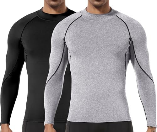 Herren (2er Pack) Kompression Langarm Stehkragen Wintersport Baselayer T-Shirts Tops Schwarz/Grau05-L