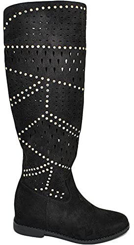 Stivali Donna Estivi Alti Scamosciati forati Nero Morbidi con Zeppa para Interna con Suola Antiscivolo e Borchie Moda (36 EU)