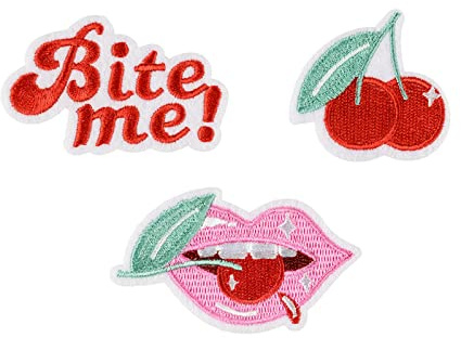 PartyDeco Gesticktes Set Bite Me Lips Cherry Fruit Selbstklebende Valentinstag Aufnäher mit gestickter Inschrift