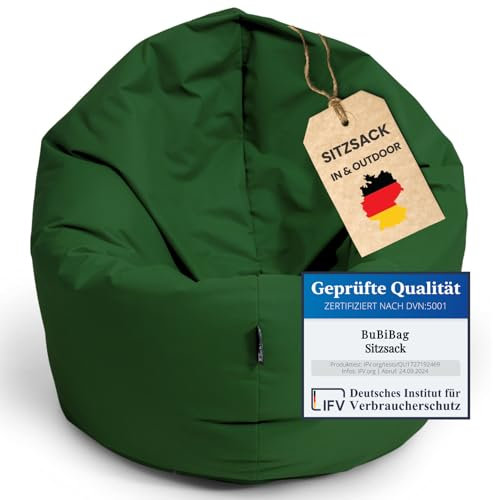 BuBiBag XXL Sitzsack, Riesensitzsack für Erwachsene - XXL Sitzsäcke, Sitzkissen oder Gaming Sitzsack, geliefert mit Füllung (145 cm Durchmesser, Dunkelgrün)