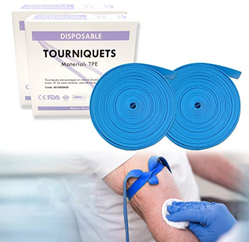 Torniquete Med - Desechable, sin látex, TPE, 18 pulgadas de largo, 2 rollos de 50 piezas, azul