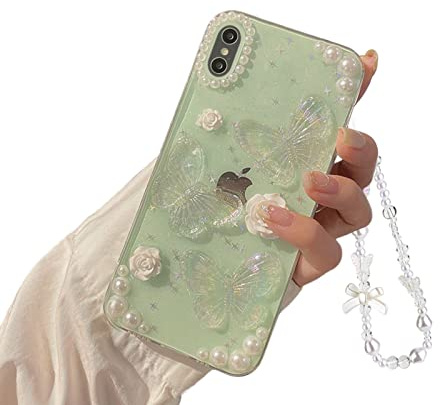 Fycyko Compatible with iPhone Xs Max 3D Butterfly Floral Clear with Design Aesthetic Women Teen Girls Glitter Pretty Crystal Sparkle Sparkly Cute Girly Phone Cases Protective Cover+Chain-Clear