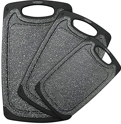 Plastic Cutting Board, 3 Pieces Dishwasher Safe Cutting Boards with Juice Grooves, Easy Grip Handle, Non-Slip, with Grinding Area for Grinding Garlic and Ginger（Dark Grey, XL）
