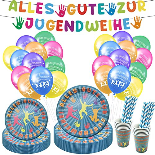 TOPJOWGA Jugendweihe Deko, 85 Stück Jugendweihe Geschirr, Partygeschirr Set, Alles Gute zur Jugendweihe Girlande, Alles Gute zur Jugendweihe Geschirr, Endlich Erwachsen Party Dekoration