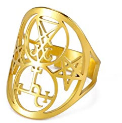 LIKGREAT Luzifer Siegel Ringe Lilith Siegel Ring Siegel von Luzifer Ring Siegel von Lilith Ringe Dämon Teufel Pentagramm Gothic Verstellbarer Ring Edelstahl Schmuck Geschenke für Frauen (Gold)