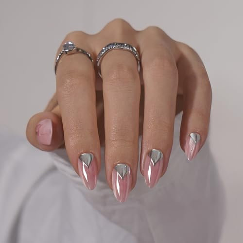BTArtbox Press On False Nails - 32 Pcs Medium Stick On Nails for Women with 3D Sculpting Metallic Design, Supremely Fit Fake Nails with Glue in 16 Sizes, Bubble Cake