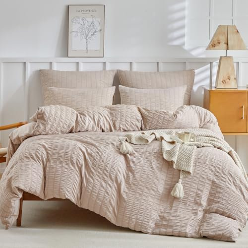 Tokokimo Seersucker Bettwäsche 200x200 - Khaki Bettbezug 200x200 cm Microfaser 3teilig Sommer Bettwäsche Set mit Reißverschluss - und 2 Kopfkissenbezug 80x80cm mit Reißverschluss