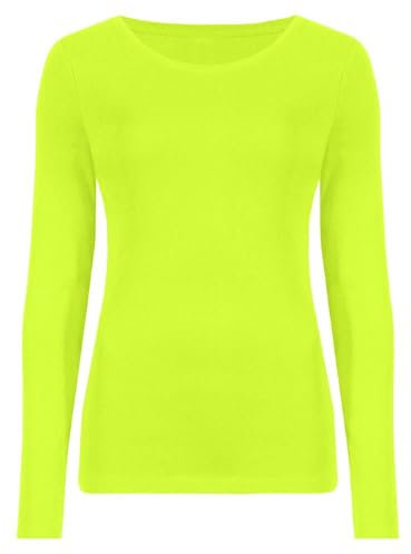 Hamishkane Ladies Long Sleeve Round Neck Plain Casual Basic Stretchy Fitted Womens T-Shirt Top Neon Yellow