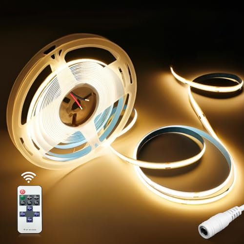 YOODI COB LED Streifen 5M, 24V 3000K LED Strip Warmweiss mit RF Fernbedienung und 8 Modi, CRI 95+ Dimmbar LED Band, Klebe LED Streifen für Schlafzimmer, Wohnzimmer, Küche, DIY Dekoration