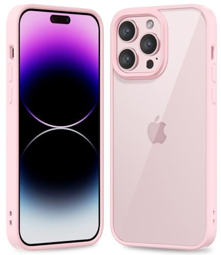 oakxco Thin Slim Clear case for iPhone 14 Pro Max, Transparent Hybrid Hard Shell Plastic & Soft Silicone Rubber Bumper, Non-Yellow Acrylic Protective Lightweight Cover for Women, Light Pink