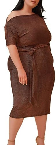 EMOTAÉ Women's Daredevil Off The Shoulder Midi Glitter Dress with Matching Belt in Black/Rose Gold, Black/Rose Gold, 2X