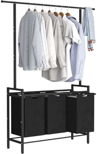 Whoonba Large Laundry Hamper with Clothes Rack Hanging Bar, 10 x 3 Gal Pull-Out & Removable Sorter Bags, Freestanding Laundry Basket Organizer for Bathroom, Bedroom and Laundry Room, Black