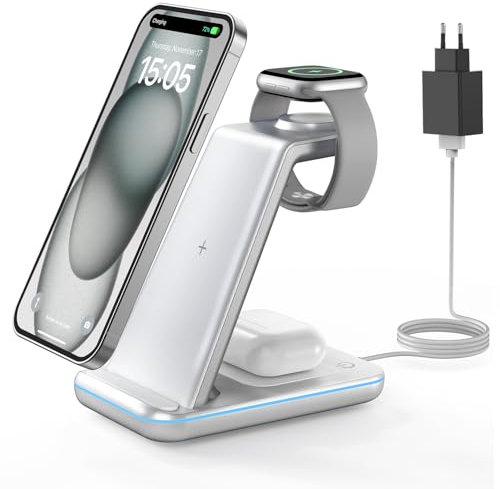 GEEKERA Estacion de Carga para Apple, Cargador Inalambrico 3 en 1 para iPhone 16/15/14/13/12/11/Pro MAX, Base Cargador para Apple Watch 10/9/8/7/6/5/4/3/2, Carregador sem fios para AirPods 4~2-Plata