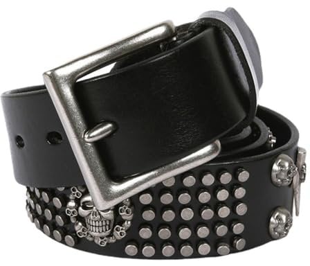 KaiLife Mens Full Grain Leather Belt Studded Belts for Men Jeans Casual 1 1/2 Wide Wide, Black (Skull-dot), 38 (waist 37-38)