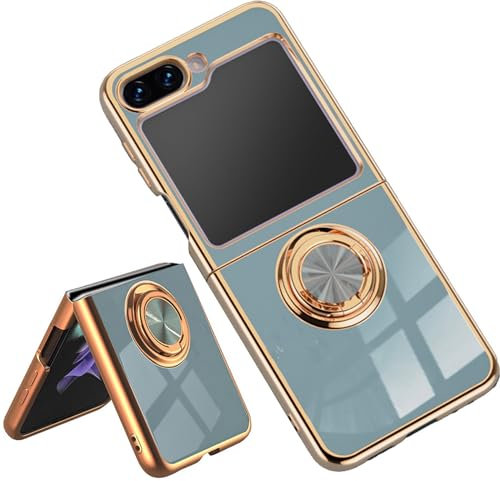ILING Case for Samsung Galaxy Z Flip 7 FE/Samsung Galaxy Z Flip 6 5G with 360 Degree Ring Kickstand, Luxurious Gold Edging Design Soft TPU Silicone Shockproof Ultra-thin Women's Cover (Gray)