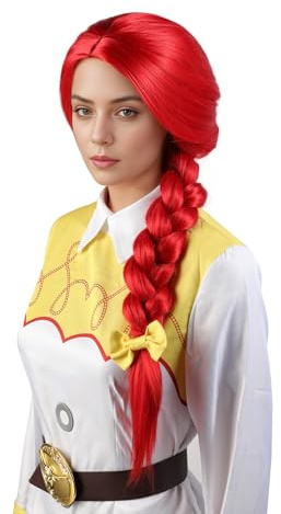 MUPUL Lange gerade rote Perücke mit Zöpfen, rote Flechtperücke, Halloween-Kostüm-Perücken für Frauen