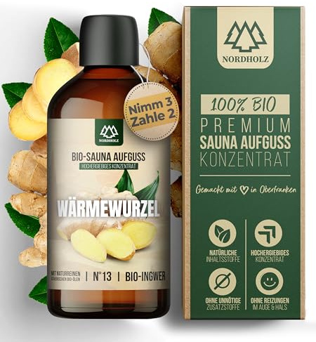 NORDHOLZ® Saunaaufguss BIO #13 Wärmewürzel intensiv & authentisch [100% Naturreine Bio Öle] Sauna Aufguss Konzentrat mit Ingwer - Manufaktur aus Bayern