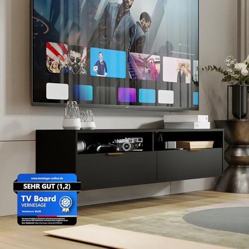 TV-Board Queen (Schwarz, Q140) – Fernseh-Lowboard & Schrank mit Kabelmanagement – Sideboard für Wohnzimmer | TV-Tisch, Kommode, Fernseh-Regal | Modern Living Room Cabinet
