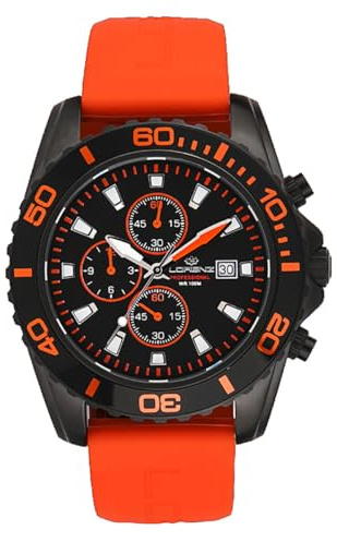 Lorenz 026117OB Chronograph Subaqueo mit Edelstahlgehäuse und orangefarbenem Gummiarmband, Orange, Modern