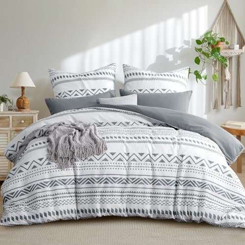 Aisbo Bettwäsche 200x200 3 teilig Bettdeckenbezug - Bettwäsche Set 200x200cm Boho Grau Muster mit 2 Kissenbezügen 80x80 cm, Mikrofaser Bettbezug mit Reißverschluss, Bügelfrei und Weich