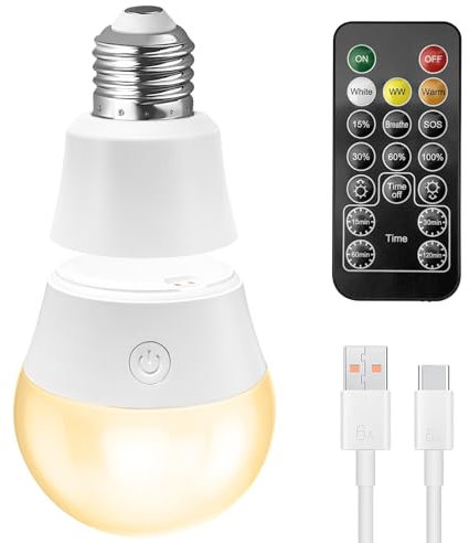 Qoolife USB-C Glühbirne mit Fernbedienung, E27 LED Wiederaufladbare Glühbirnen mit Batterie, 3 Farben Dimmbare, 7W Magnetische Akku Glühbirne Mit Timing Funktion, 1 Stück