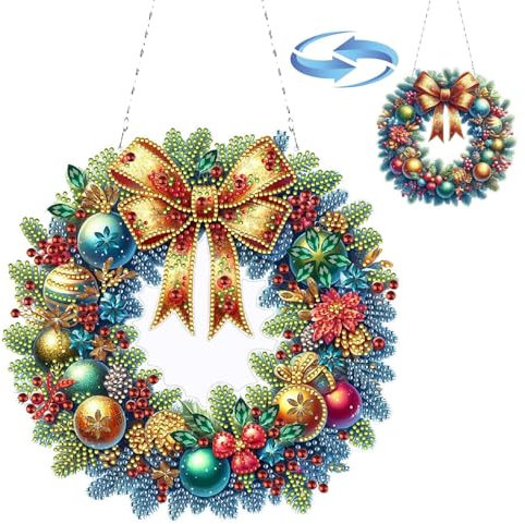 CXINLky DIY Diamond Art Painting Colgante con cadena, corona de Navidad de pintura de diamantes, Navidad 5D pintura de diamantes, kits para colgar en la pared, ventana, jardín, decoración, 04, corona