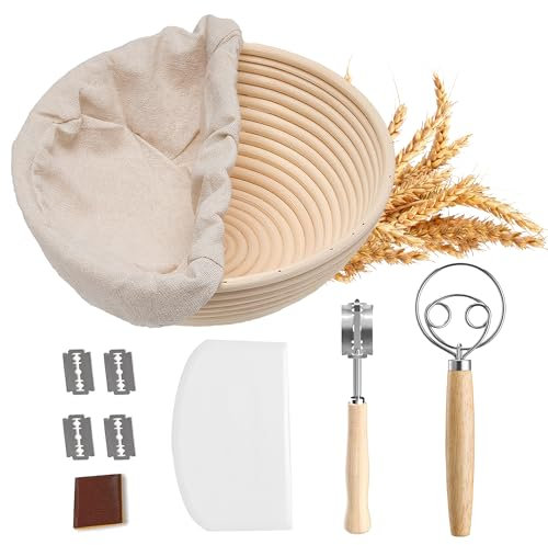Herogo Bread Proofing Basket Set, Includes Dough Whisk, Dough Scraper,Bread Scoring Lame with Blades & Sheath, Round Rising Dough Baking Bowl, Gift for Bread Makerst