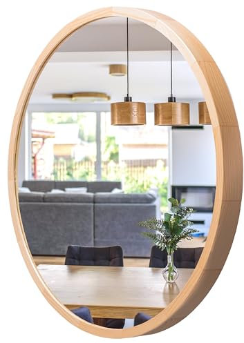 STOLARNIA PIKA Runder Bad Spiegel - Wandspiegel mit Holzrahmen (∅70 cm) - Spiegel Rund Holz Naturkiefer - für Badezimmer, Flur, Wohnzimmer, Schlafzimmer - Stilvoller Badspiegel LEJA
