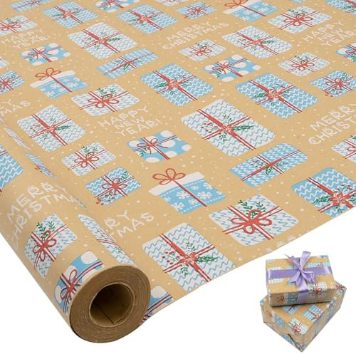 Große Geschenkpapierrolle: 76 cm x 15 m, recycelbares Weihnachts-Geschenkpapier mit blauem Geschenkaufdruck für Weihnachts-, Geburtstags-, Hochzeits- und Festgeschenkdekorationen
