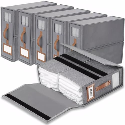 SwartLife Leinen bettwäsche organizer box | 6 aufbewahrungsbox bettwäsche, atmungsaktiv mit Transparentem Fenster & Etikett für Bettwäsche, Decken & Handtücher -grau