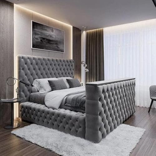 Park Lane TV Bed with Built-in TV Lift and Luxurious Upholstered Frame – Available in Double, King, and Super King Sizes for Ultimate Bedroom Comfort and Style (Grey, Double)