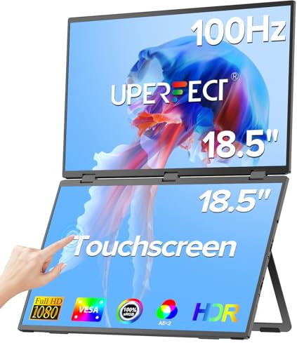 UPERFECT Delta 18.5 100Hz Touchscreen Dual Portable Monitor, Laptop Screen Extender Stacked Triple Folding Monitor with Stand & VESA for Laptop Phone Game Console (No Driver Needed)