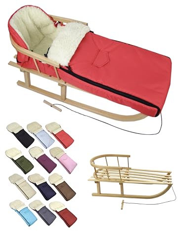BambiniWelt Holzschlitten mit Rückenlehne & Zugseil + Winterfußsack 108 cm – warmes Thermofleece, wasserabweisend – Kombi-Set für Kinderwagen & Buggy, Farbe: rot