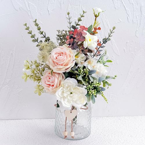 Faux Flowers with Vase, Artificial Silk Flowers in Vase, Fake Plant Eucalyptus, White Rose and Peony flowers, Arrangement for Home Spring Decor Dining Table Centerpiece Decorations Coffee Table Decor