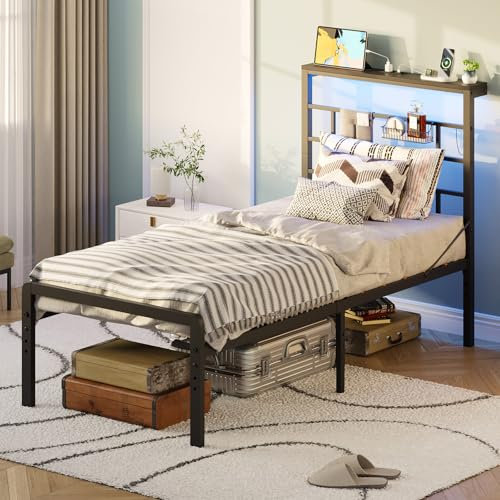 Bestier Metal bed frame with height adjustable feet, 3ft Single Bed Frame with LED Lights and Charging Station, No Box Spring Needed, Noise Free, Easy Assembly (Black, 90 x 190 cm)