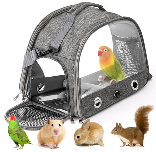 Vogel-Tragetasche mit Stehstange und Edelstahl-Tablett,Tragbarer Vogelkäfig,Haustier-Reisetasche für Papageien,Rucksack für Vögel mit Holzstab Kleine Haustier-Tragetasche,Vogel Transportbox (Gray)