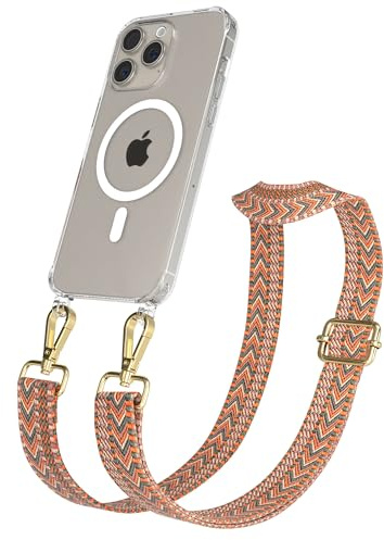 EAZY CASE Handykette - Verstellbares Taschenband kompatibel mit iPhone 15 Pro Max, Schulterriemen, Handykordel mit Silikon Hülle, Qi Charging kompatibel, Umhängetasche, Orange Grün Gold