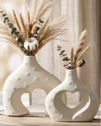Zormon Weiße Keramik Vasen Set aus 2 Stück, Moderne Boho Minimalistische Deko-Blumenvasen für Wohnzimmer, Schlafzimmer, Couchtisch, Büro, Tischdekoration Geschenk für Frauen & Mütter
