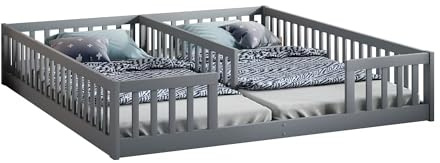 Goldicoo Montessori Bodenbett 90x200 für 2 Kinder, Kinderbett mit Rausfallschutz und Lattenrost, Gitterbett, Holz