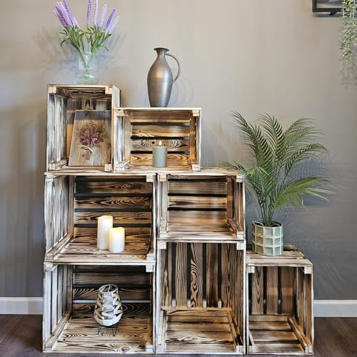 7-er Set Vintage Holzkisten Geflammt – 50x40x30 cm (3 Stück) & 40x30x25 (4 Stück) cm – Weinkisten & Obstkisten im Used-Look – Dekokisten & Regale – Holzboxen als Möbel & Aufbewahrung – Rustikale Deko