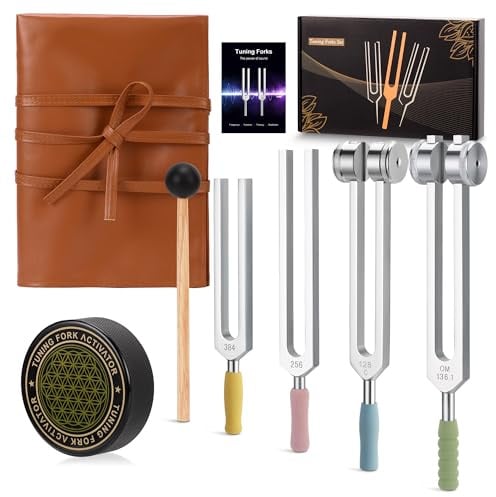 DiDiBirDi Tuning Forks for Healing,4pcs-128Hz, 136.1Hz, 256Hz, 384Hz | With PU Leather Bag & Activator, Dual Activation, for Yoga, Meditation, Relaxation