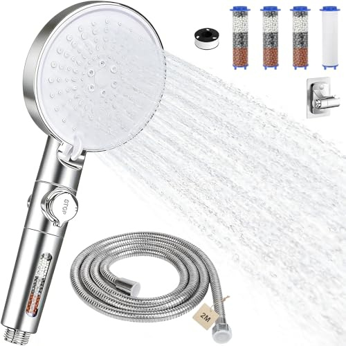 FALSKT Alcachofa de Ducha con Filtro Cabezal Ducha para 6 Modos | Alcachofa Ducha con Manguera 2M con Botón Stop Duchas de Baño Telefono Ducha Alta Presion,4 Filtro,Soporte