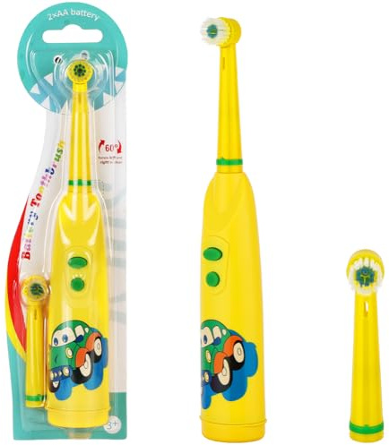 OSDUE Kids Electric Toothbrush for Children Ages 5-12 (Yellow) | Battery Powered, 5,000 VPM, IPX5 Waterproof, 2 Replacement Extra Soft Brush Heads, Gentle on Teeth & Gums Care