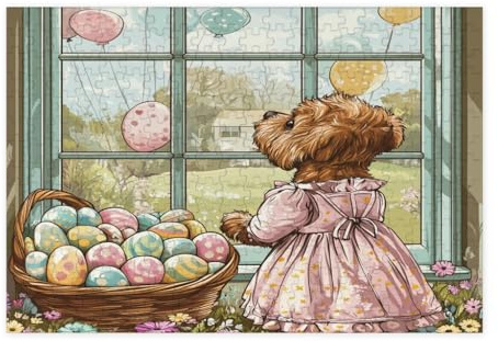 Spring Easter Airedale Terrier Dog Jigsaw Puzzles for Adults 300 Piece, Victoria Country Puppy Wooden Puzzles, Farmhouse Printed Decor for Entertainment Creative
