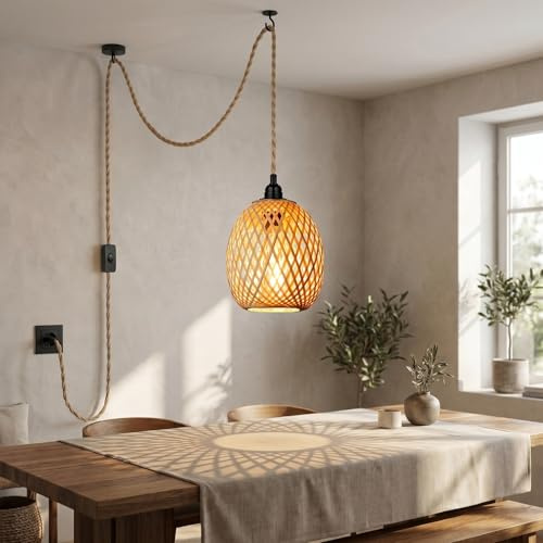 Hängelampe Kit mit Schalter Vintage Pendelleuchte 4.5M Hanfseil Lampenkabel E27 Lampenfassung Boho Rattan Deckenlampe Hängeleuchte Bambus Deko Hängende Leuchte für Farmhouse Home Loft, Ohne Glühbirne